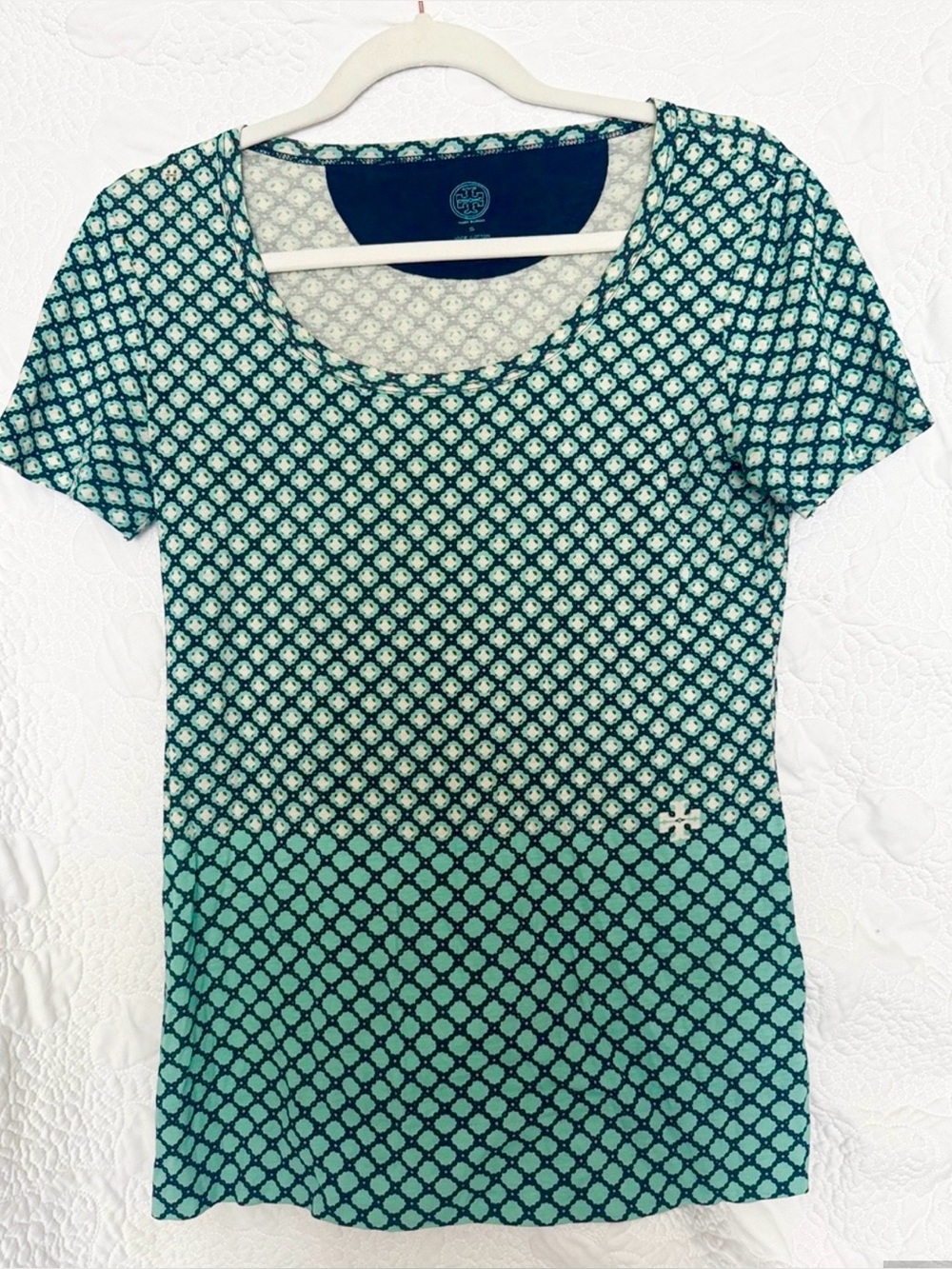 Tory Burch Teal and Navy Short Sleeve Scoop Neck Tee